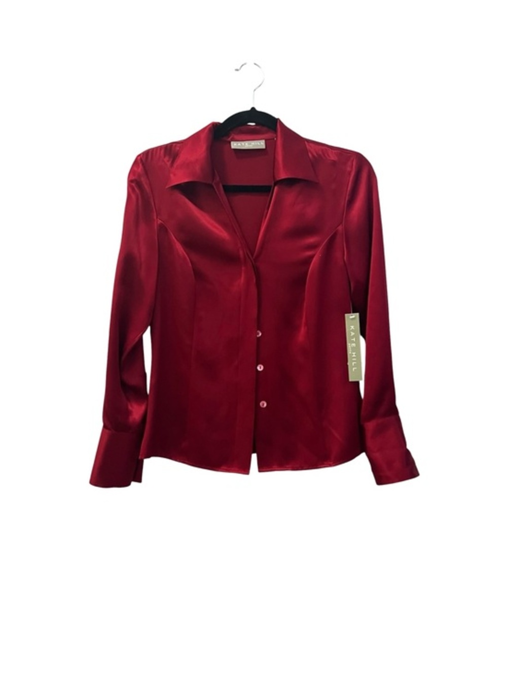 NWT Kate Hill 100% Silk Deep Red Button Front Shirt Size 2P